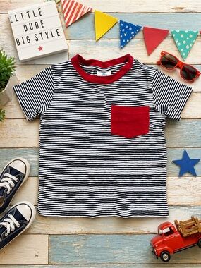 Eyelet & Ivy Kids Size 5 Navy & White Striped Tee with Red Pocket 100% Cotton